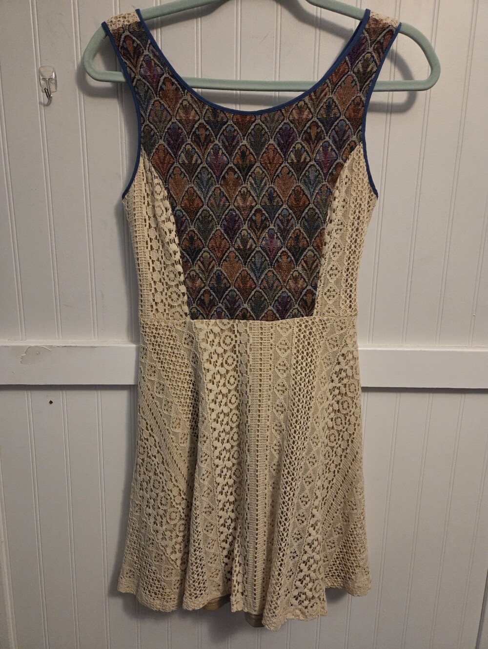 Flying Tomato Boho Cream Crochet Dress with Multicolor Tapestry Printed Bodice.